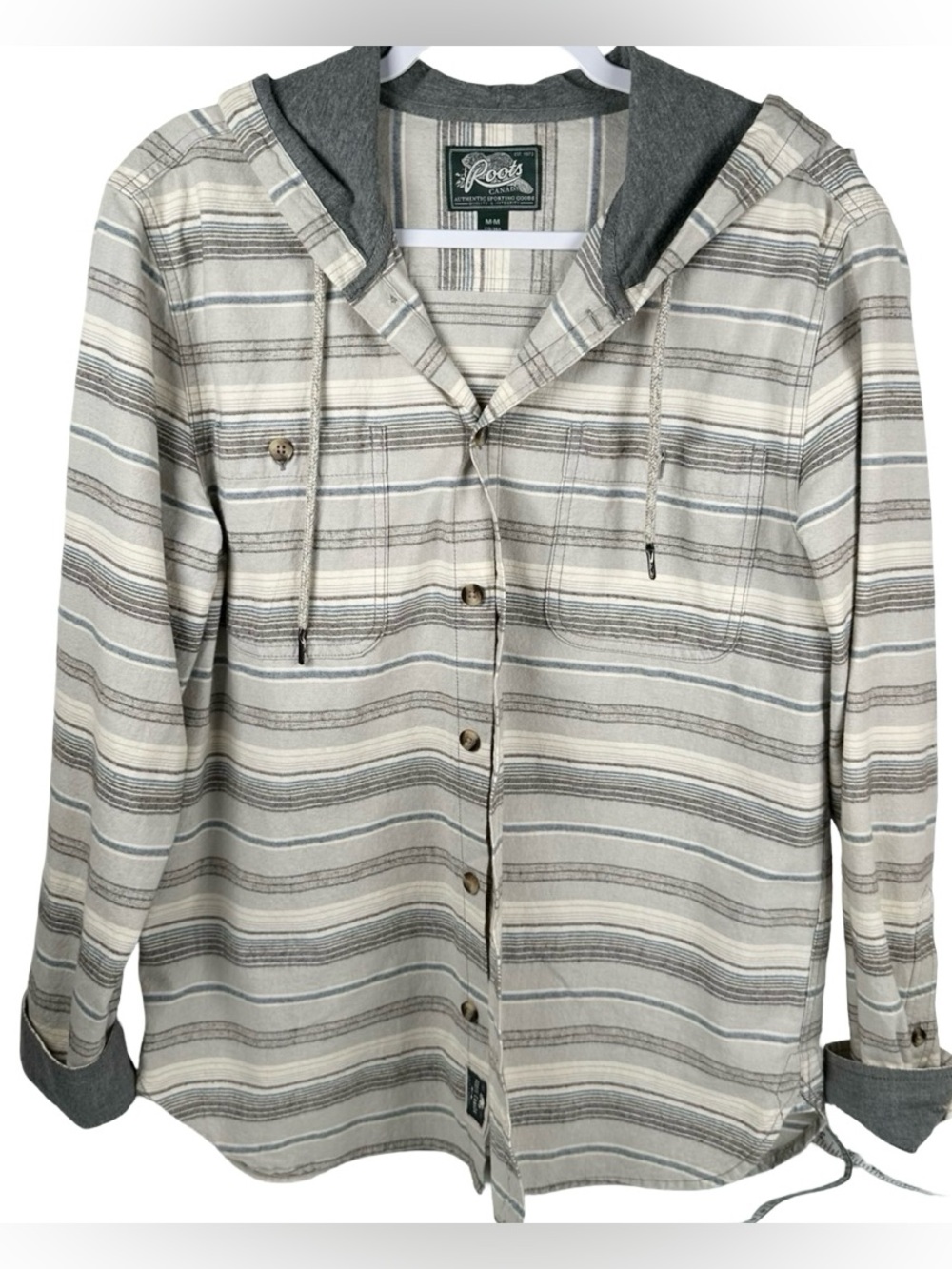 Roots Canada Gray Striped Cotton Button Front Hoodie Jacket Men’s/Unisex Medium